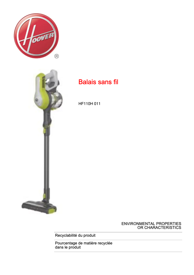 Page n°1 - Fiche technique Hoover HF110H 011