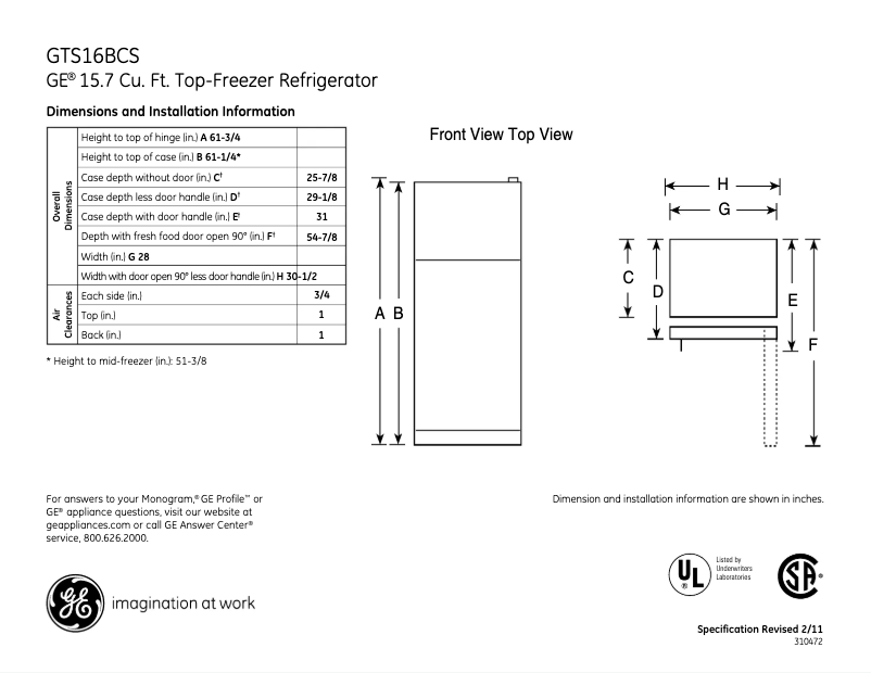 Page n°1 - Fiche technique GE GTS16BCSRWW
