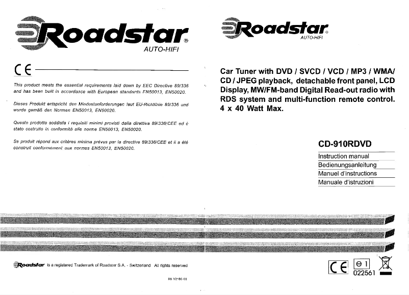 Page 1 de la notice Manuel utilisateur Roadstar CD-910RDVD