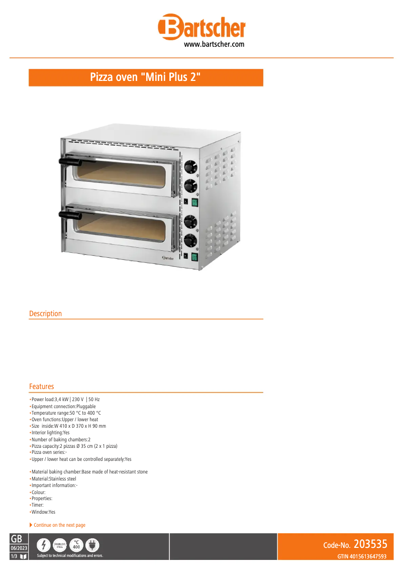 Page n°1 - Fiche technique Bartscher 203535