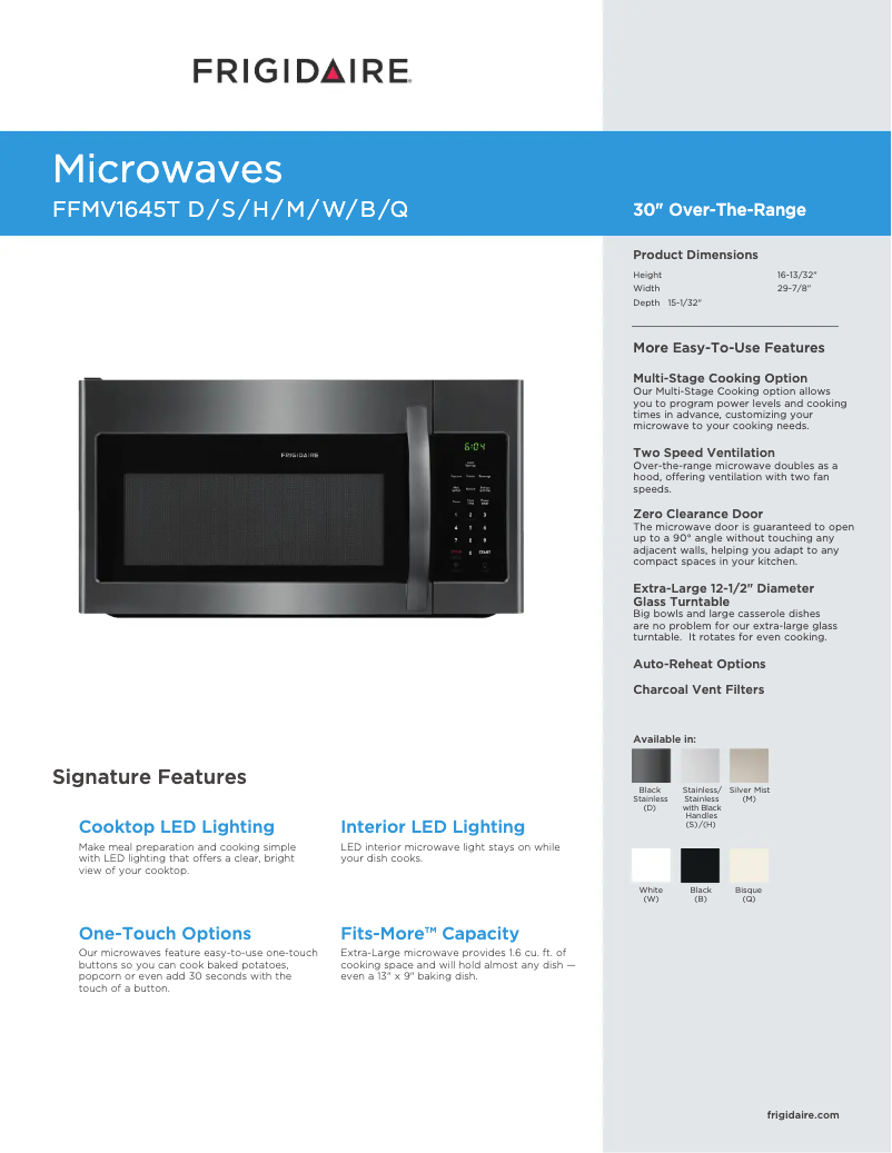 Página 1 del manual Ficha técnica Frigidaire FFMV1645TD