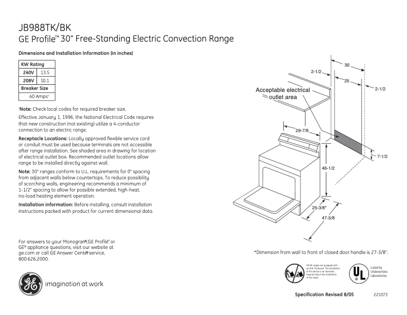 Image de la première page du manuel de l'appareil Profile JB988TKWW