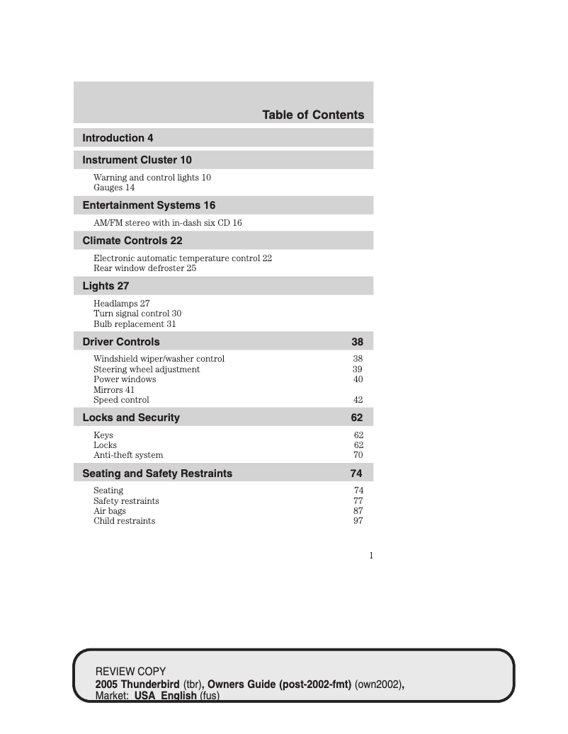 Page 1 de la notice Manuel utilisateur Ford Thunderbird (2005)