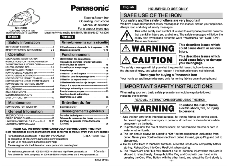 Page 1 de la notice Manuel utilisateur Panasonic NI-E650T
