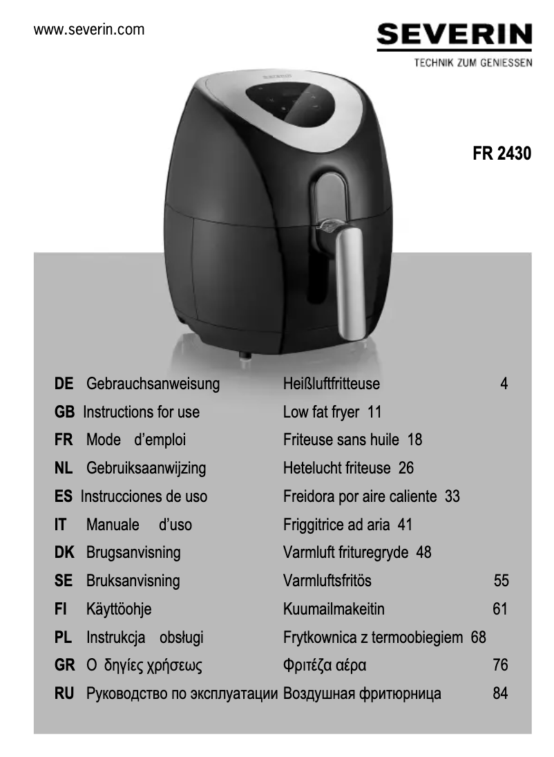 Page 1 de la notice Fiche technique Severin FR 2430