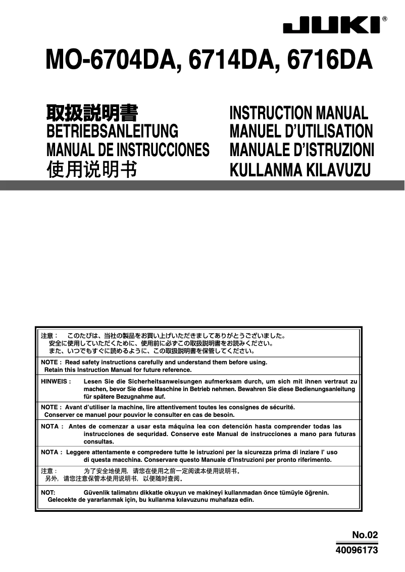 Page n°1 - Manuel utilisateur Juki MO-6700DA