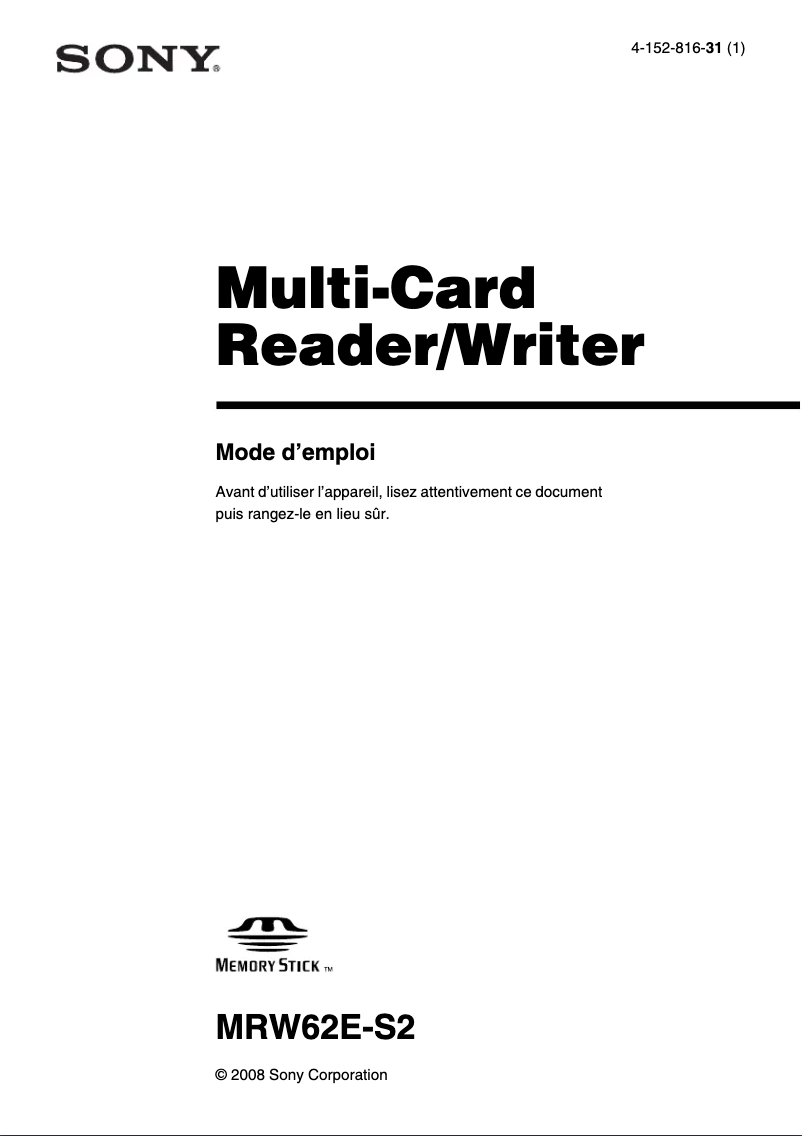 Page 1 de la notice Manuel utilisateur Sony MRW62E-S2