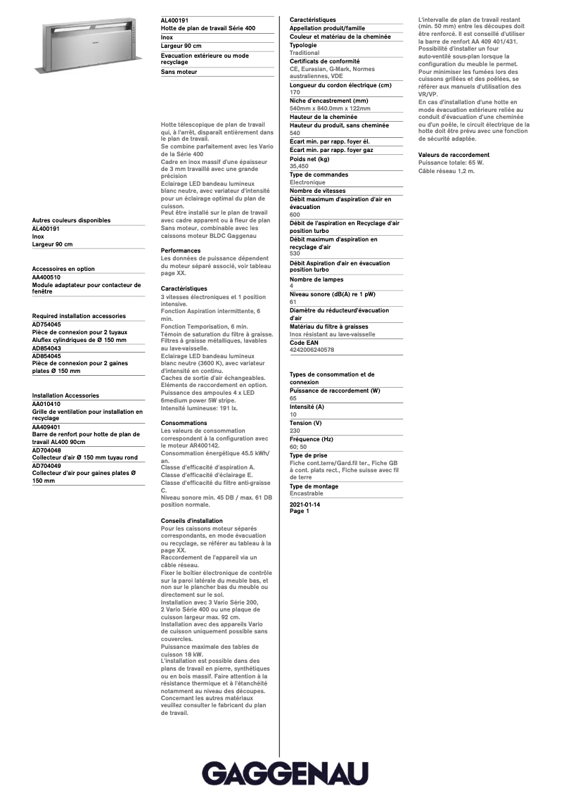 Page 1 de la notice Fiche technique Gaggenau AL400191