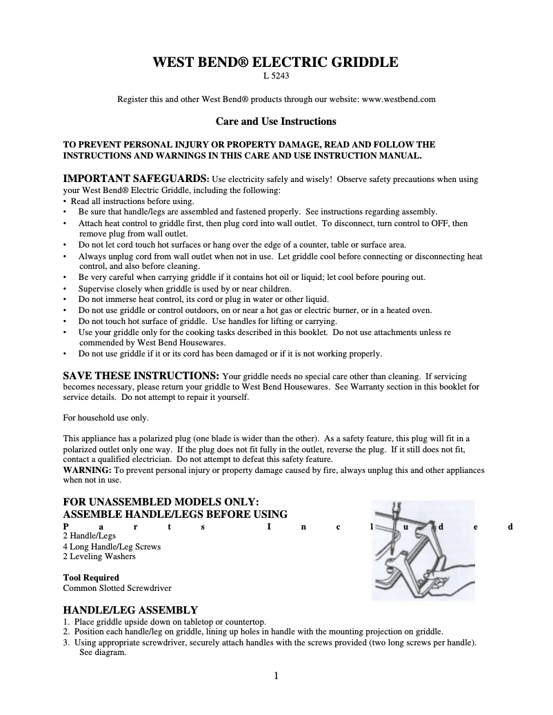 Page 1 de la notice Manuel utilisateur WestBend 72005