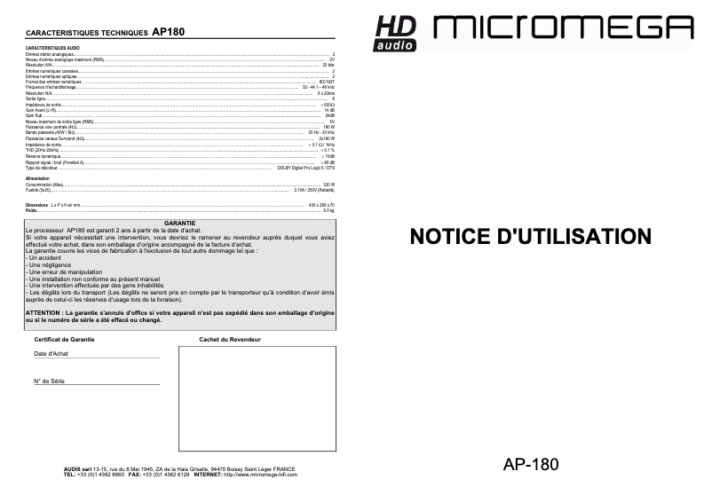 Image de la première page du manuel de l'appareil AP 180
