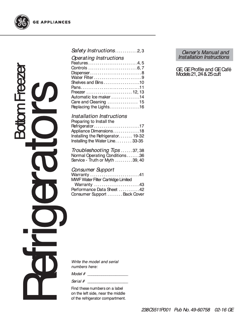 Page 1 de la notice Fiche technique GE GNE25JGKBB