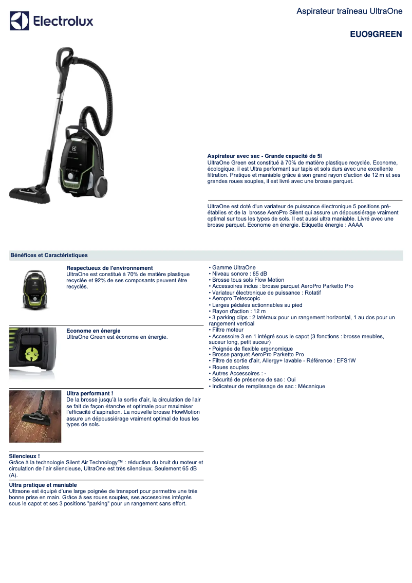 Page 1 de la notice Manuel utilisateur Electrolux EUO9GREEN