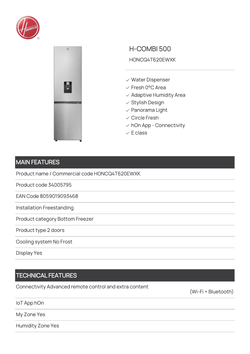 Page n°1 - Fiche technique Hoover HONCQ4T620EWXK