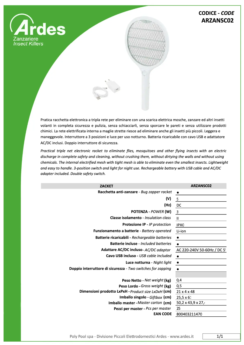 Página 1 del manual Ficha técnica Ardes ARZANSC02