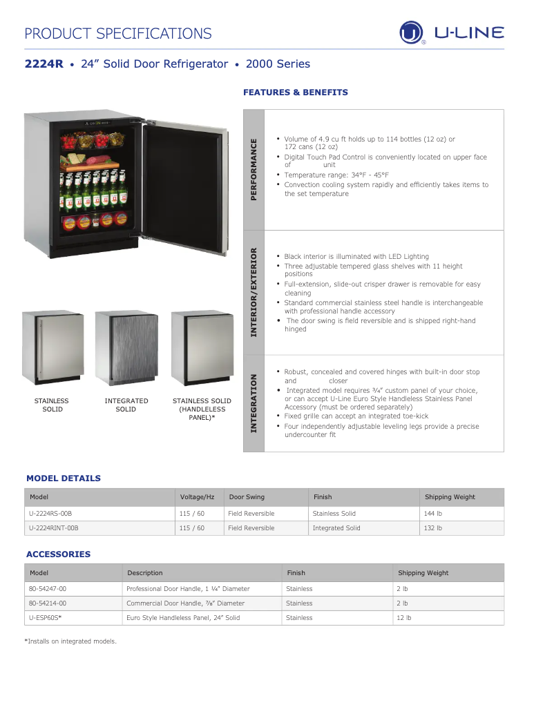 Page 1 de la notice Fiche technique U-Line U-2224R