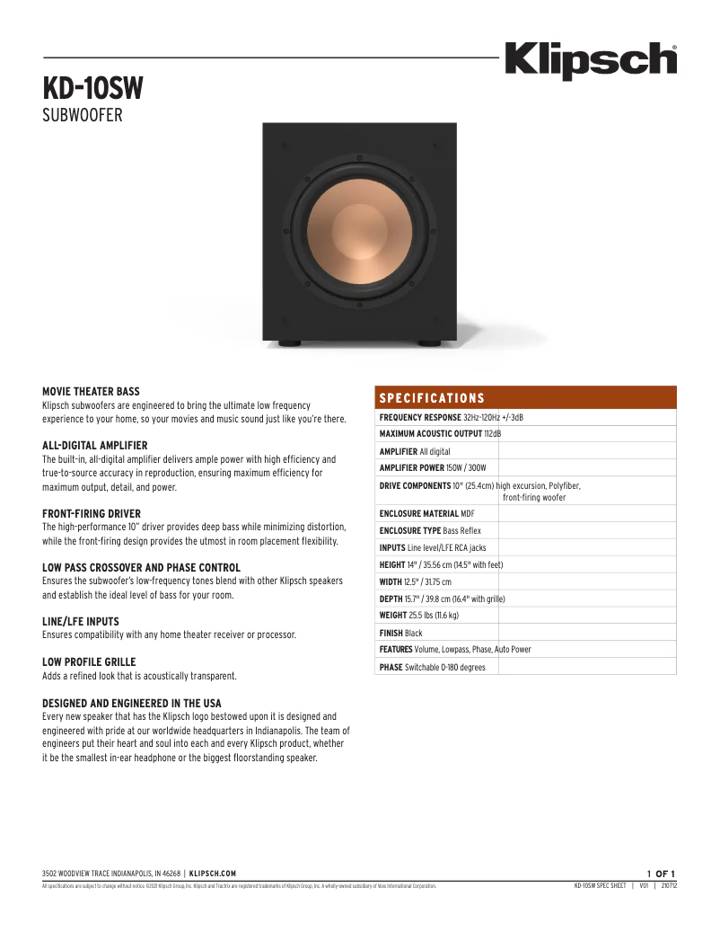 Page n°1 - Fiche technique Klipsch KD-10SW
