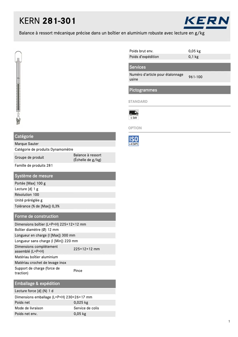 Page 1 de la notice Fiche technique Kern 281-301