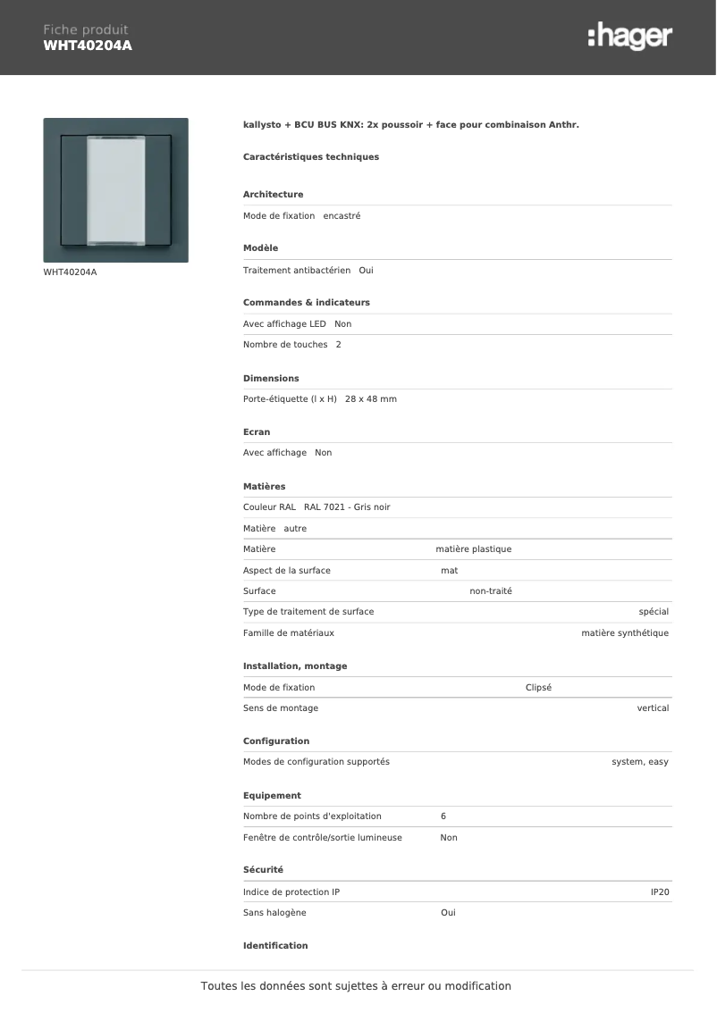 Page n°1 - Fiche technique Hager WHT40204A
