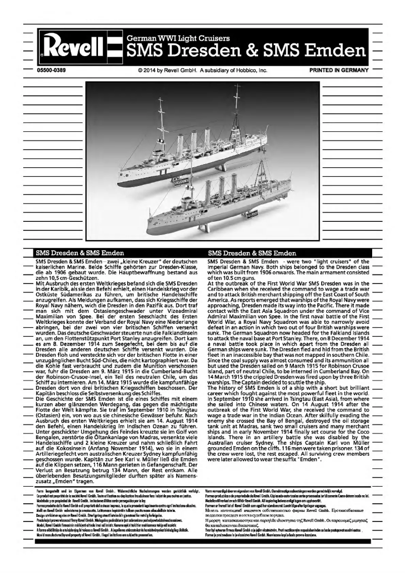 Page 1 de la notice Manuel utilisateur Revell German WWI Light Cruisers SMS Dresden & SMS Emden
