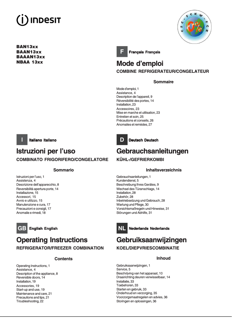 Page n°1 - Manuel utilisateur Indesit NBAA 131 V