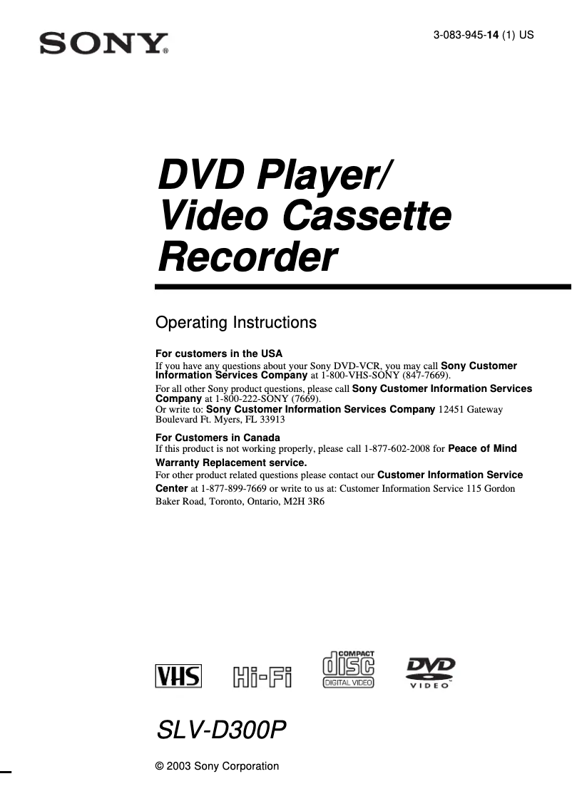 Page 1 de la notice Manuel utilisateur Sony SLV-D300P