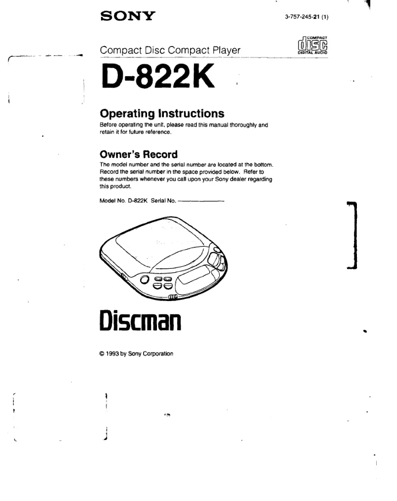 Page 1 de la notice Manuel utilisateur Sony Discman D-822K