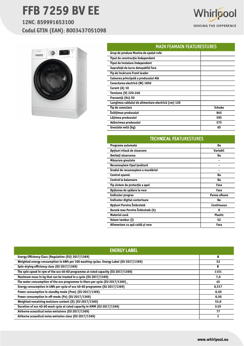 Página 1 del manual Ficha técnica Whirlpool FFB 7259 BV EE