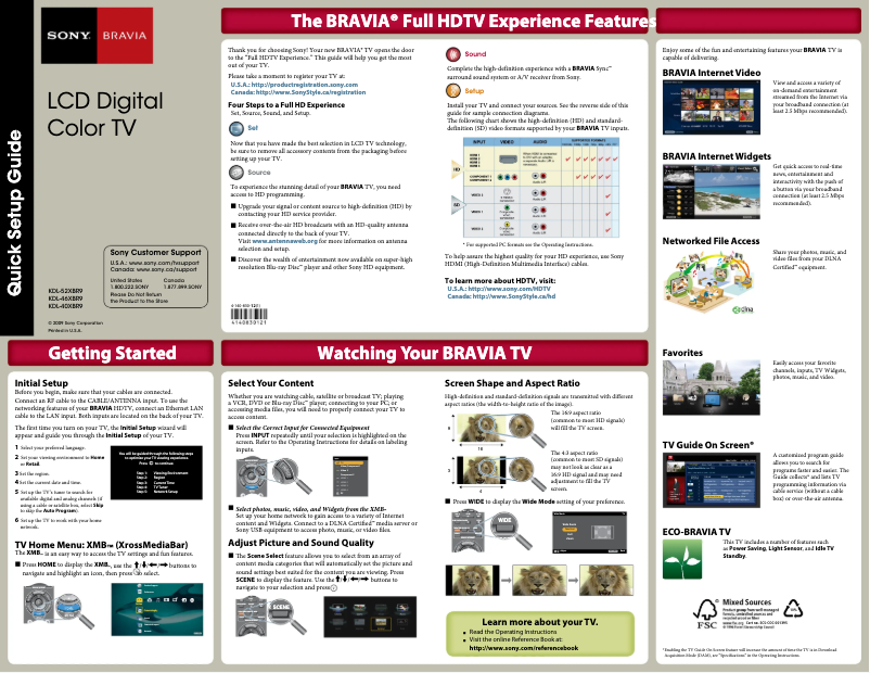 Page 1 de la notice Guide d'installation Sony Bravia KDL-40XBR9