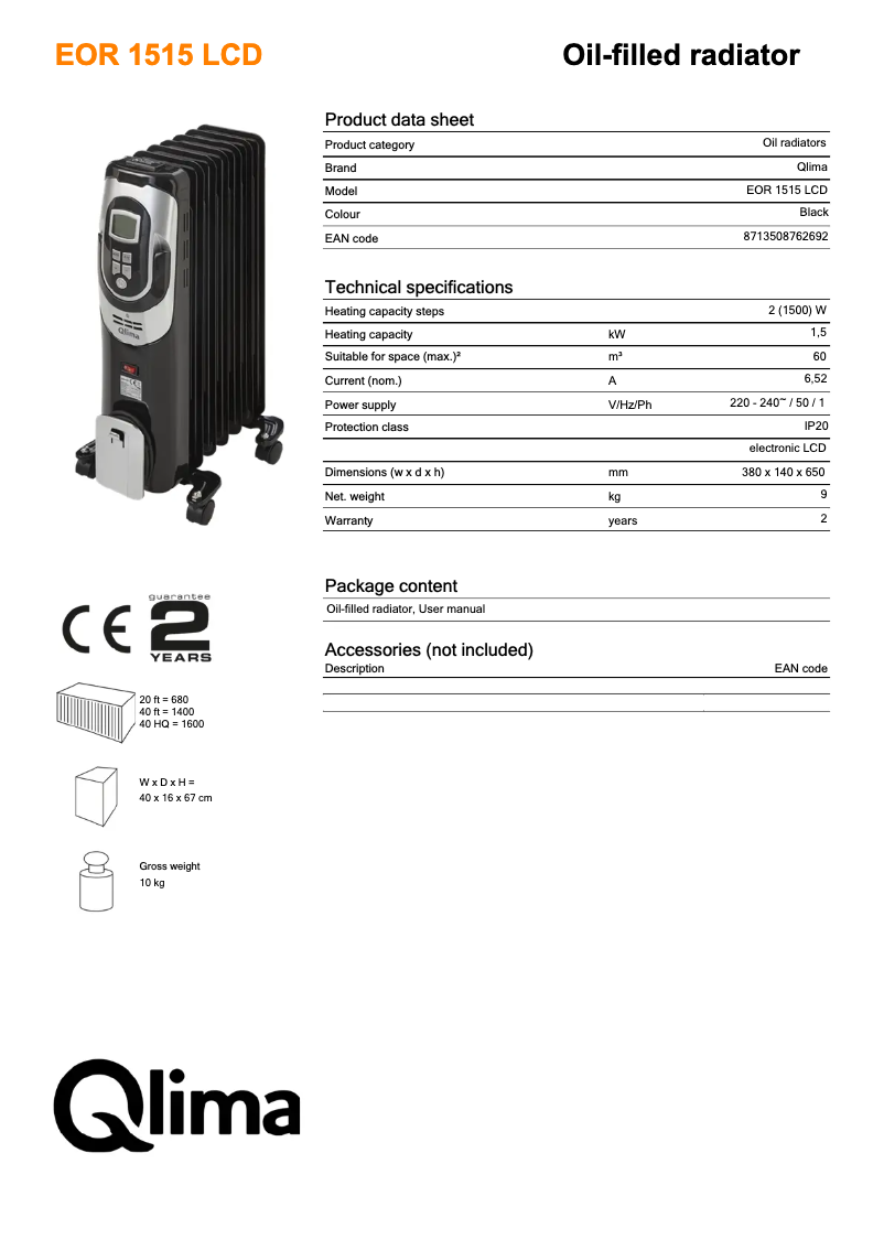 Page n°1 - Fiche technique Qlima EOR1515 LCD