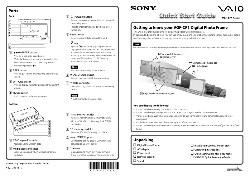 Page 1 de la notice Guide d'installation Sony VGF-CP1