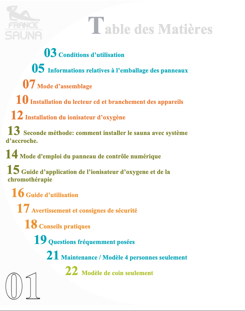 Page 1 de la notice Manuel utilisateur France Sauna Koulou