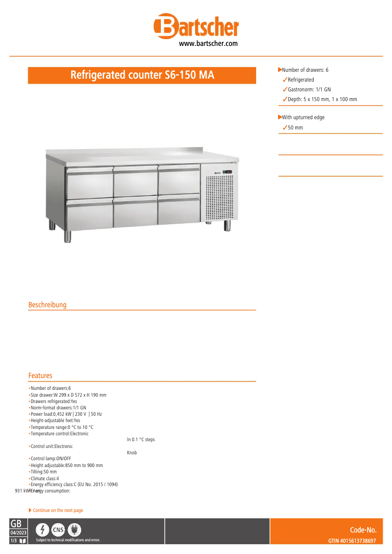 Page 1 de la notice Fiche technique Bartscher S6-150