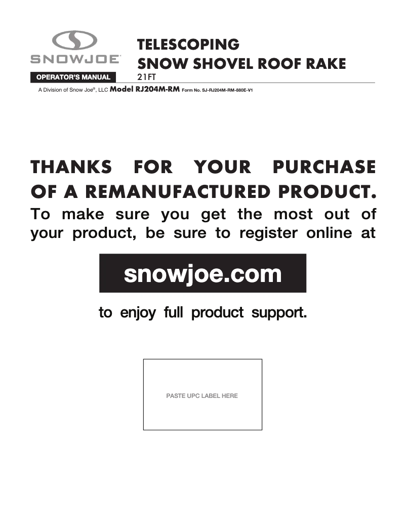 Page n°1 - Manuel utilisateur Snow Joe RJ204M-RM