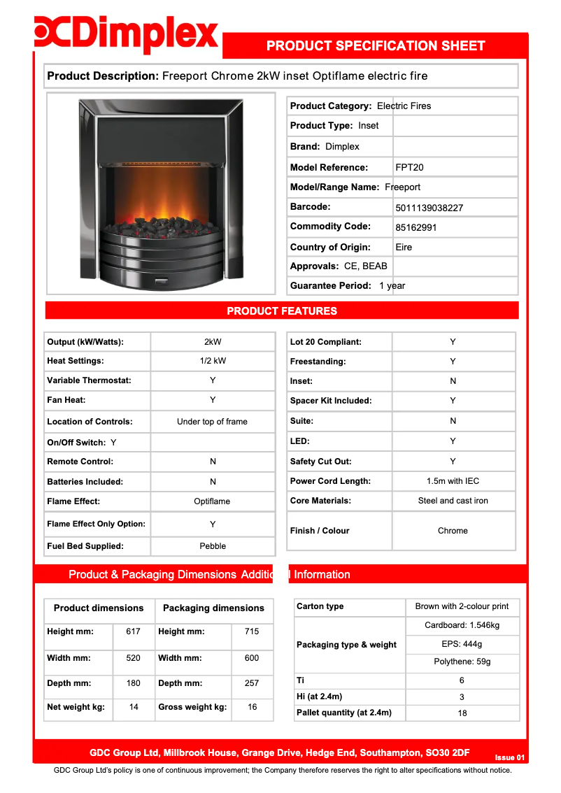 Page 1 de la notice Fiche technique Dimplex FPT20BN