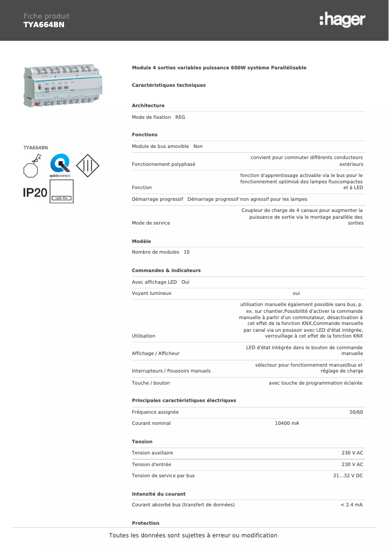Page n°1 - Fiche technique Hager TYA664BN