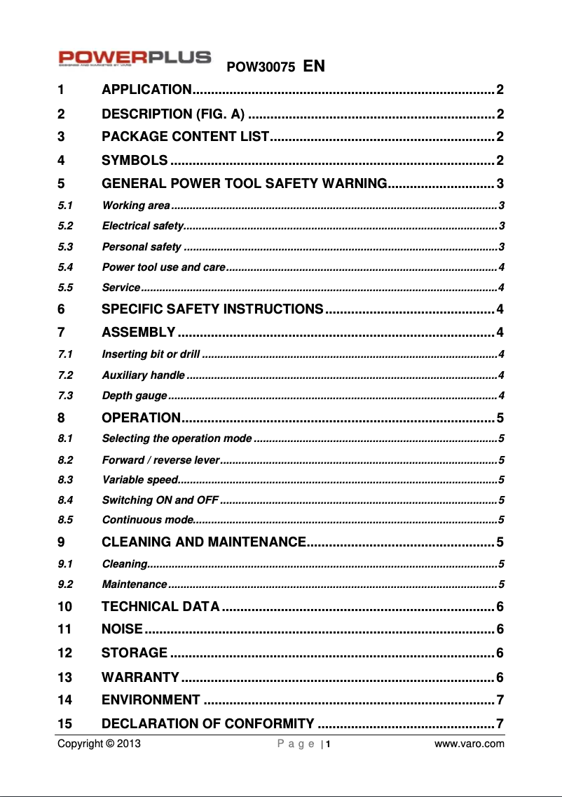 Page 1 de la notice Manuel utilisateur PowerPlus POW30075