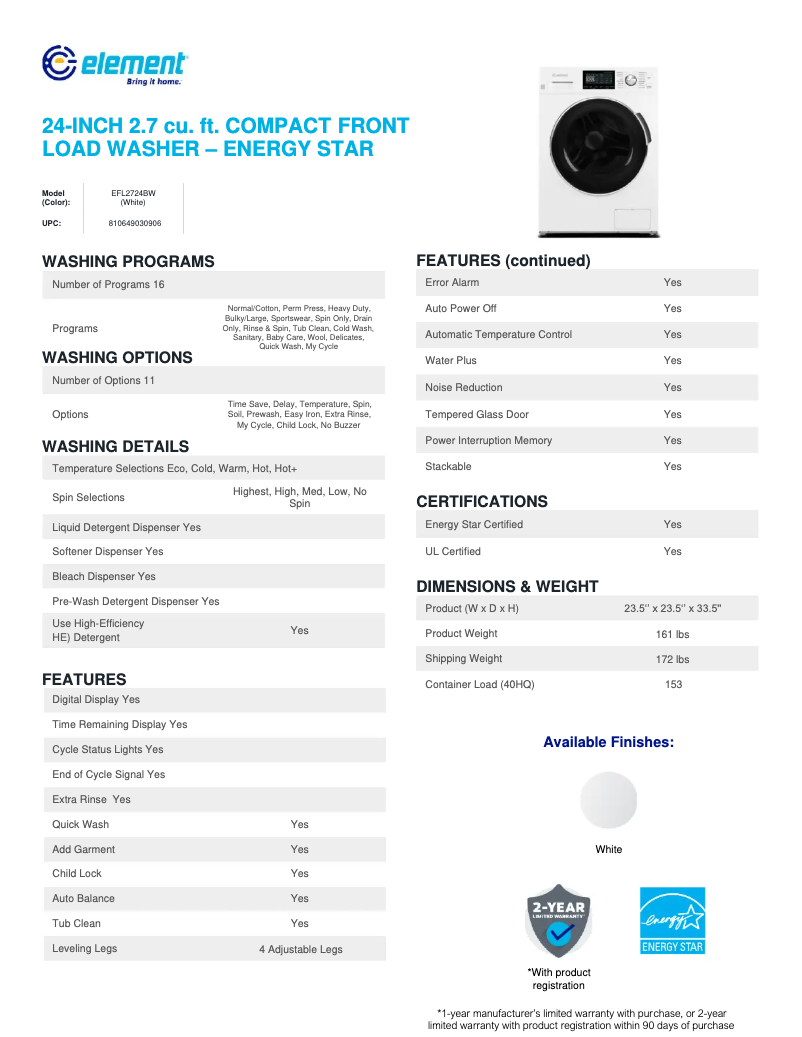 Page 1 de la notice Fiche technique Element EFL2724BW