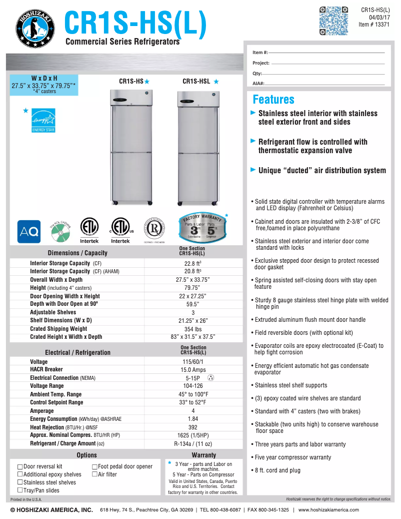 Page n°1 - Fiche technique Hoshizaki Commercial CR1S-HS