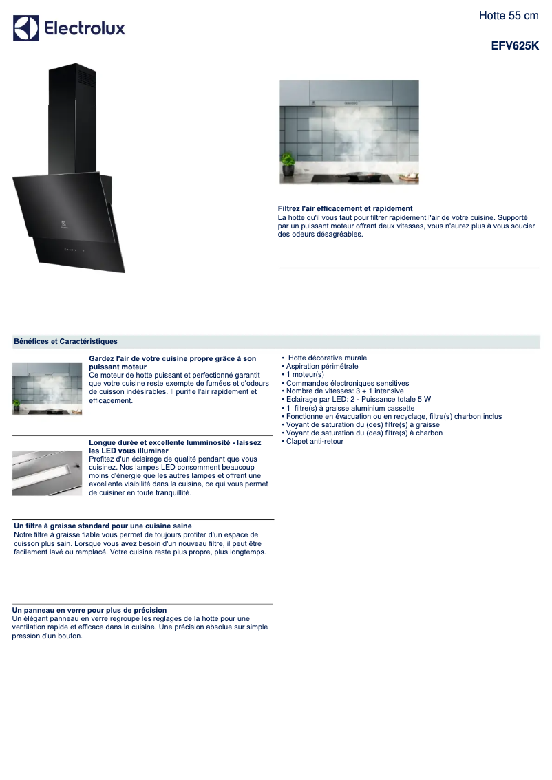 Page 1 de la notice Fiche technique Electrolux EFV625K