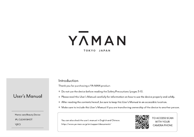 Page 1 de la notice Manuel utilisateur YA-MAN IPL Clear Shot