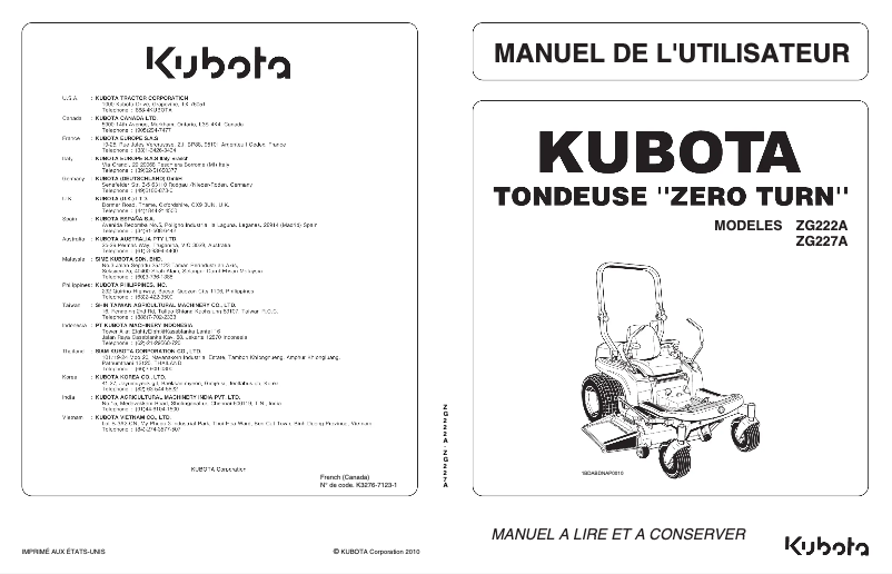 Page 1 de la notice Manuel utilisateur Kubota ZG227A