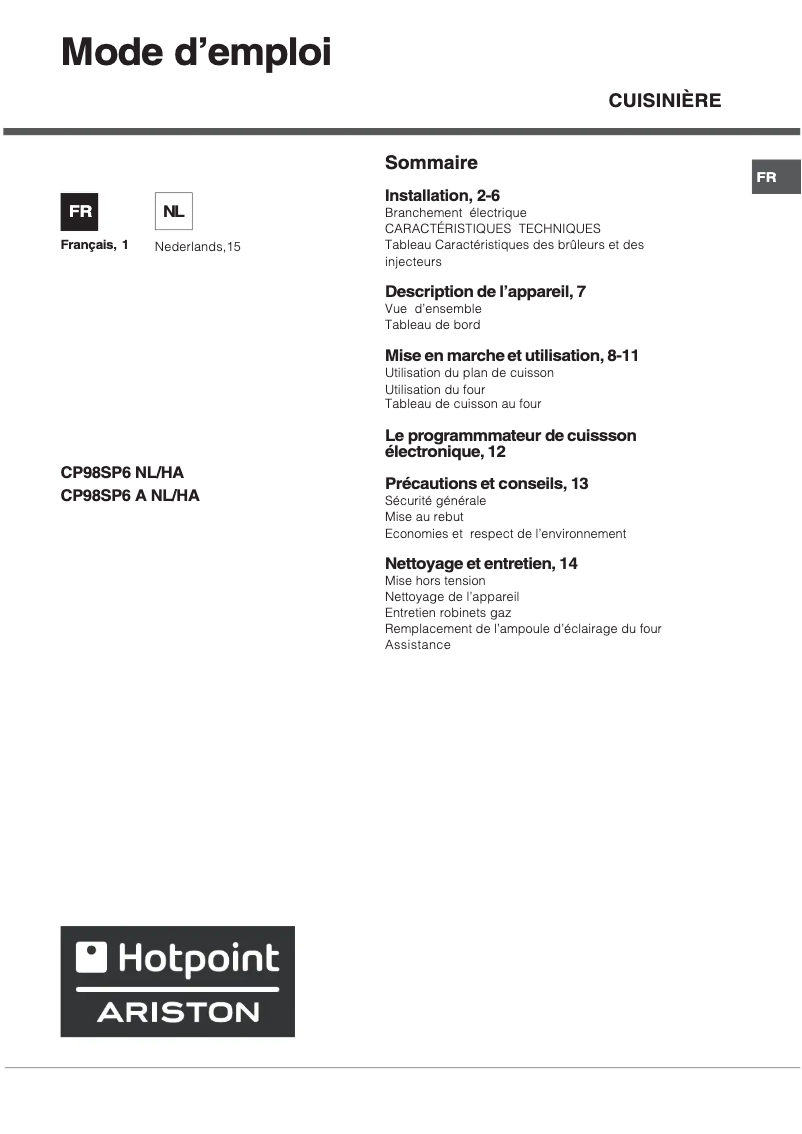 Page n°1 - Manuel utilisateur Hotpoint Ariston CP98SP6 NL/HA