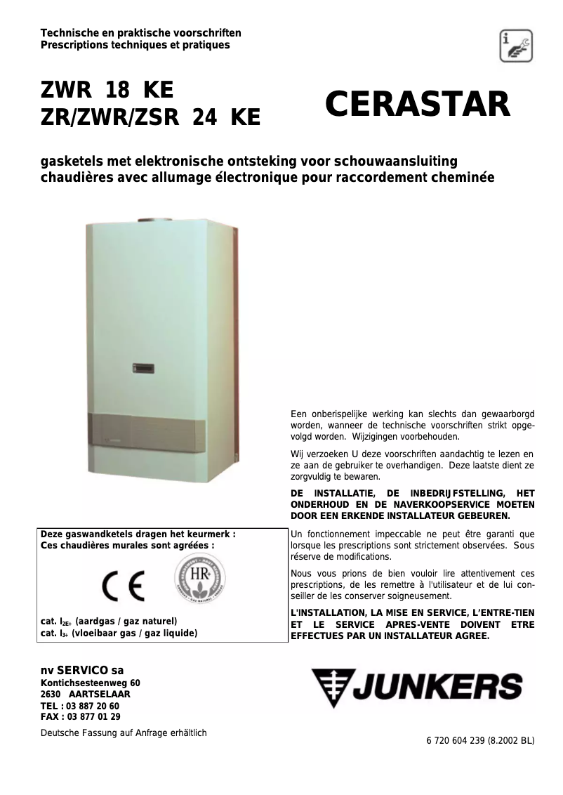 Page 1 de la notice Manuel utilisateur Junkers Cerastar ZWR 24 KE