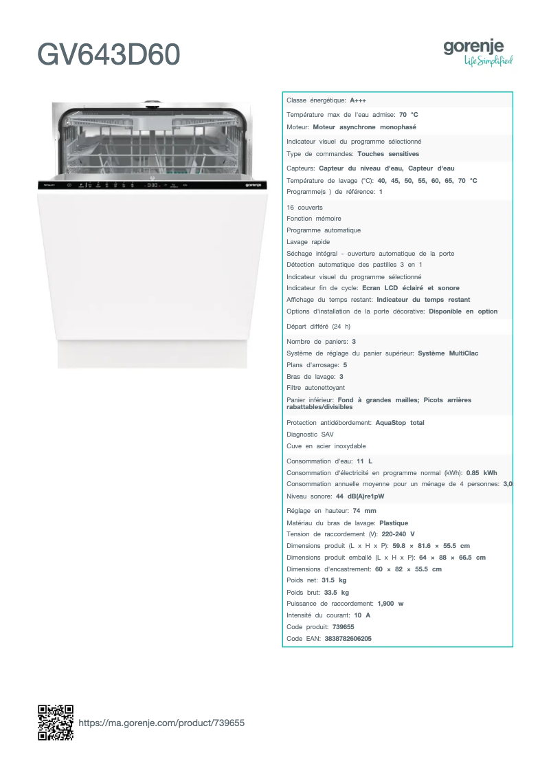 Page n°1 - Fiche technique Gorenje GV643D60