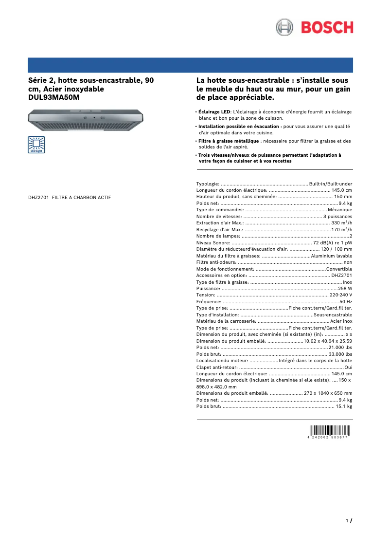 Página 1 del manual Ficha técnica Bosch DUL93MA50M