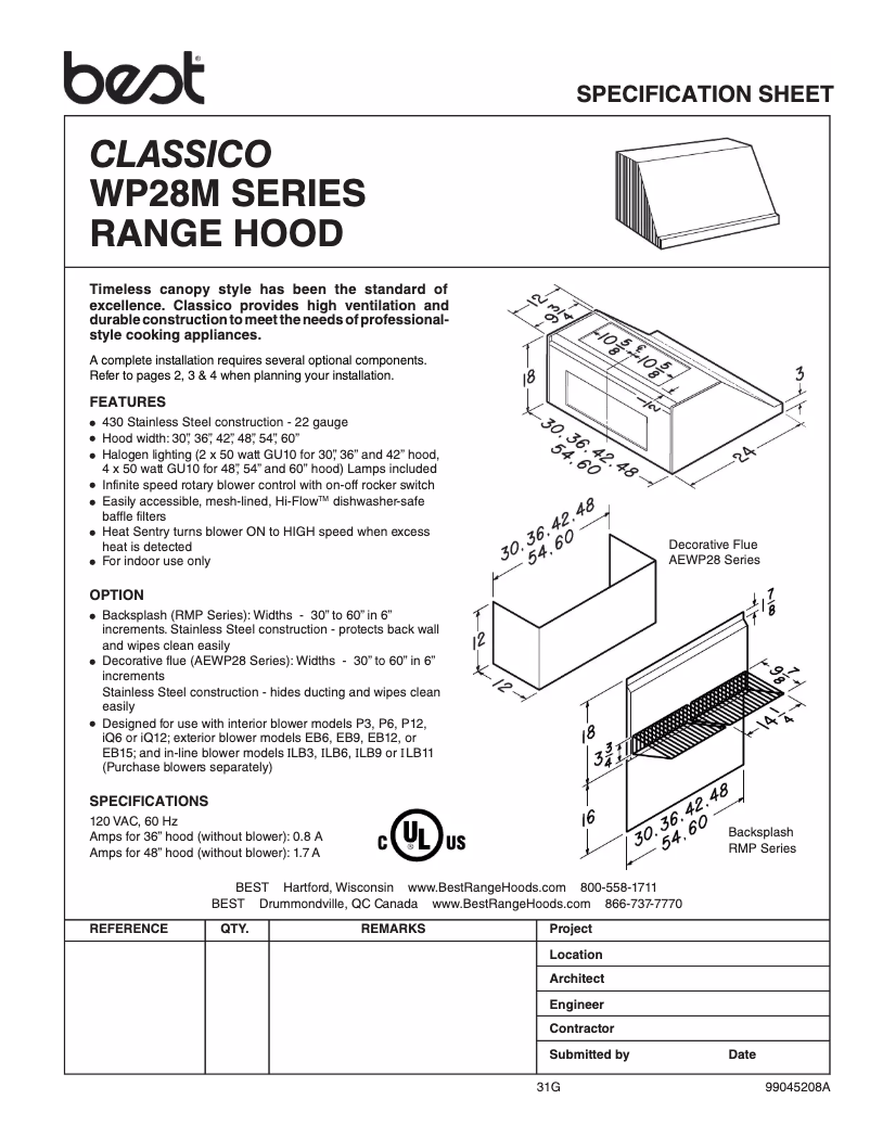 Página 1 del manual Ficha técnica Best Classico WP28M48SB