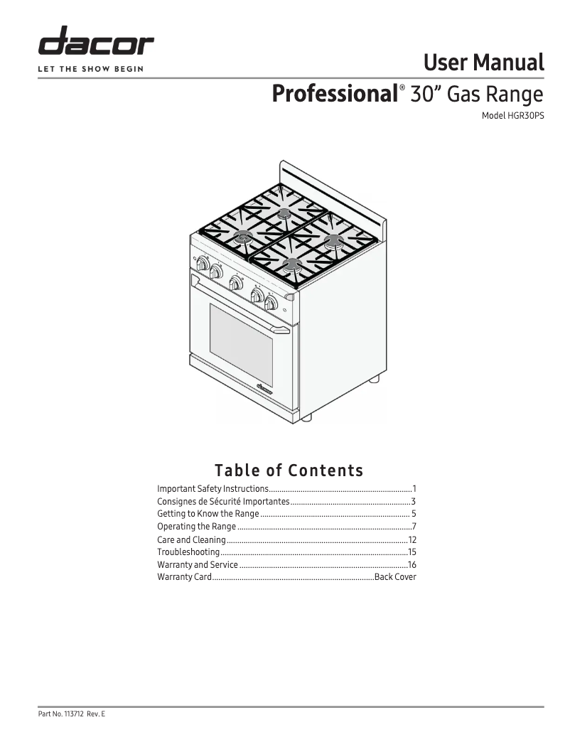 Page n°1 - Manuel utilisateur Dacor HGR30PS