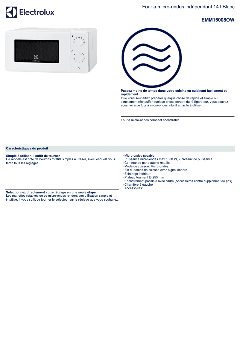 Page 1 of the manual Technical Sheet Electrolux EMM15008OW