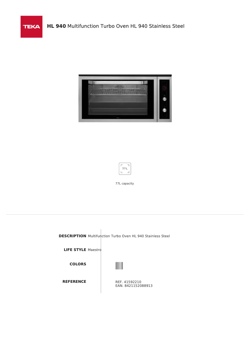 Page 1 de la notice Fiche technique Teka HL 940
