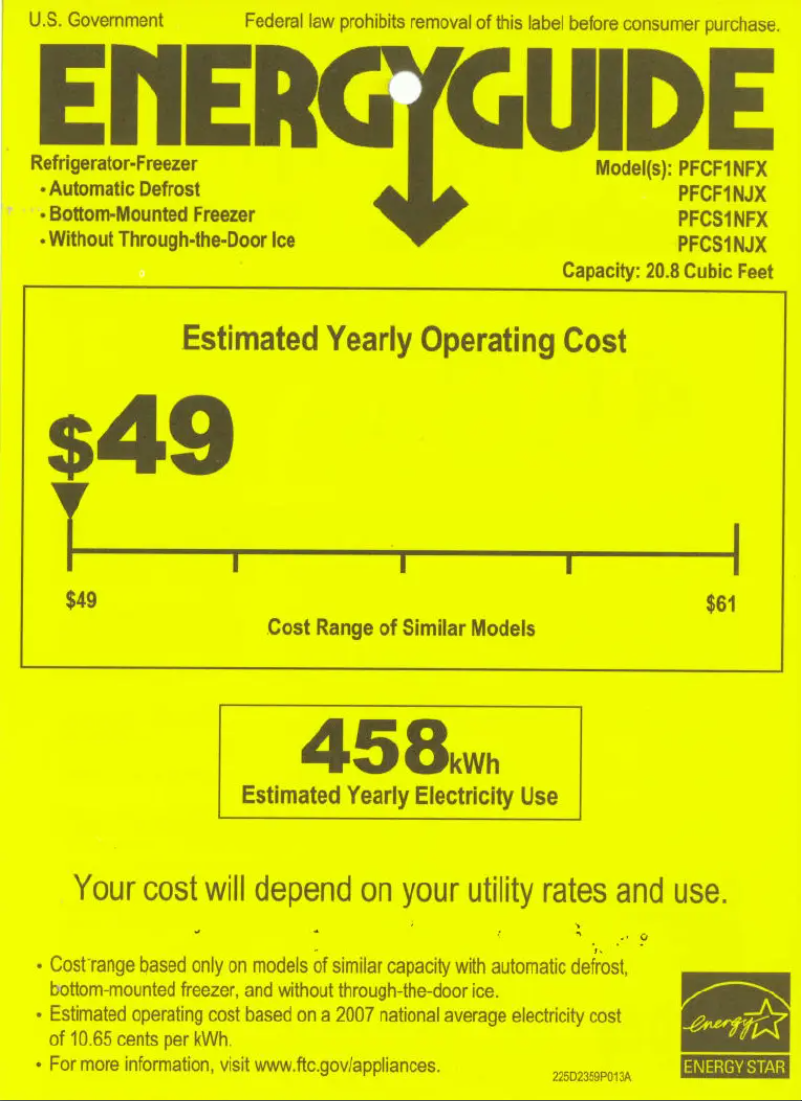 Page n°1 - Label énergétique GE Profile PFCF1NJXWW